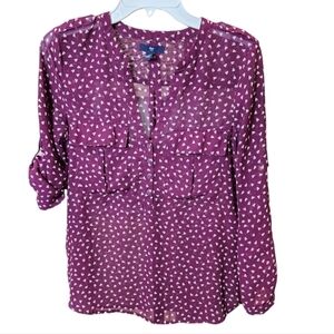 GAP Maroon and White Heart Sheer Blouse With Roll Tab Sleeves, Size XS